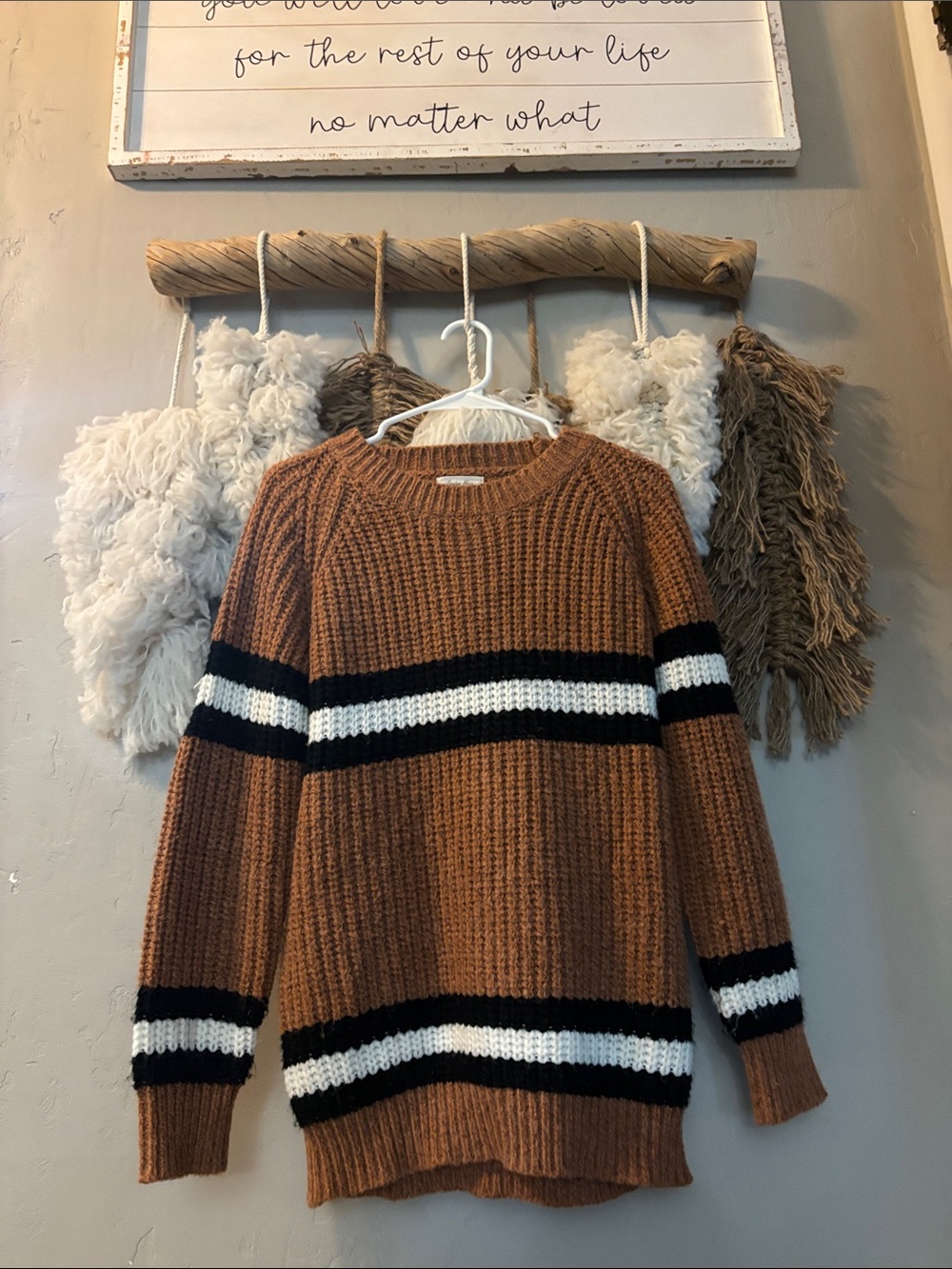 Cozy Striped Knit Sweater - Camel with Black & White Stripes